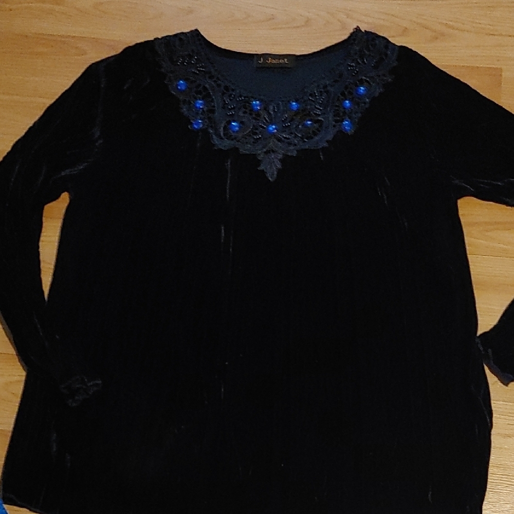 J. Janet Black Velvet Top with Blue Accents